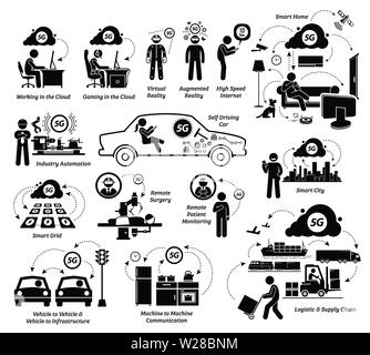 Beispiele für 5G Verwendungen mit Internet der Dinge und die Liste der möglichen Anwendungen. Vektorgrafiken schildert, wie Informationstechnologie mit 5G entwickeln können. Stock Vektor