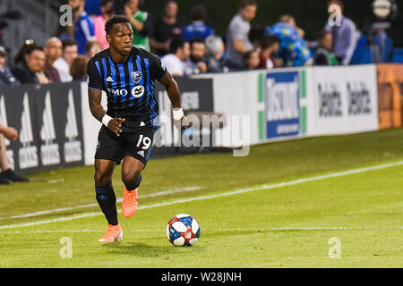 Montreal, QC, Kanada. 06 Juli, 2019. Montreal Impact Mittelfeldspieler Omar Browne (19) jagt den Ball während der Minnesota United FC am Montreal Impact Spiel bei Saputo Stadium in Montreal, QC, Kanada. David Kirouac/CSM/Alamy leben Nachrichten Stockfoto