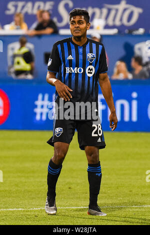 Montreal, QC, Kanada. 06 Juli, 2019. Blick auf Montreal Impact Mittelfeldspieler Shamit Shome (28) Während der Minnesota United FC am Montreal Impact Spiel bei Saputo Stadium in Montreal, QC, Kanada. David Kirouac/CSM/Alamy leben Nachrichten Stockfoto