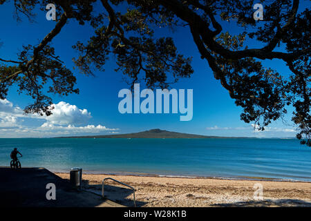 Radfahrer, Cheltenham Beach und Rangitoto Island, Devonport, Auckland, Nordinsel, Neuseeland Stockfoto