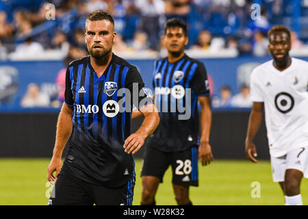 Montreal, QC, Kanada. 06 Juli, 2019. Blick auf Montreal Impact defender Rudy Camacho (4) Während der Minnesota United FC am Montreal Impact Spiel bei Saputo Stadium in Montreal, QC, Kanada. David Kirouac/CSM/Alamy leben Nachrichten Stockfoto