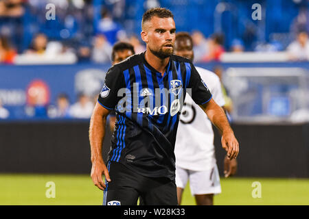 Montreal, QC, Kanada. 06 Juli, 2019. Blick auf Montreal Impact defender Rudy Camacho (4) Während der Minnesota United FC am Montreal Impact Spiel bei Saputo Stadium in Montreal, QC, Kanada. David Kirouac/CSM/Alamy leben Nachrichten Stockfoto