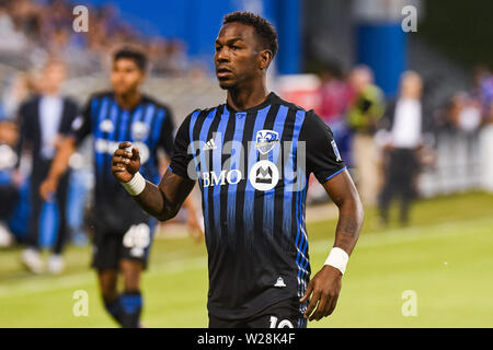 Montreal, QC, Kanada. 06 Juli, 2019. Blick auf Montreal Impact Mittelfeldspieler Omar Browne (19) Während der Minnesota United FC am Montreal Impact Spiel bei Saputo Stadium in Montreal, QC, Kanada. David Kirouac/CSM/Alamy leben Nachrichten Stockfoto