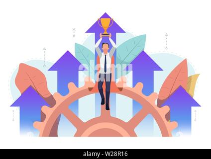 Super Geschäftsmann fliegen mit Pokal und Business Pfeil Wachstum im Hintergrund. Geschäftlicher Erfolg und Führung Konzept. Stock Vektor