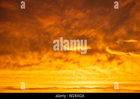 Orange Sky farbenprächtigen Sonnenuntergang. Flaming orange Wolken nach Regen. Zusammenfassung Hintergrund. Stockfoto