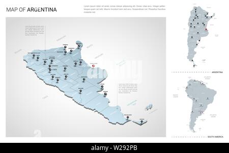 Vektor einrichten von Argentinien Land. Isometrische 3d-Karte, Argentinien, Südamerika Karte - mit Region, Staat Namen und Städtenamen. Schriften: Myriad Pro, Ro Stock Vektor