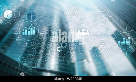 Business Process abstract Diagramm mit Getrieben und Symbole. Workflow- und Automatisierungstechnik Konzept. Stockfoto