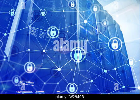 Cyber Sicherheit, Privatsphäre, Datenschutz Konzept auf modernen Serverraum Hintergrund. Internet und digitale Technik Konzept Stockfoto