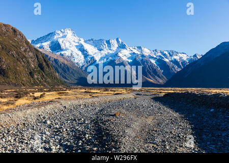 Schnee und Gletscher - schneebedeckten Gipfeln der neuseeländischen Südalpen einschließlich deren höchste Gipfel - oder Aoraki / Mount Cook von der Zufahrtsstraße neben Türkis Stockfoto