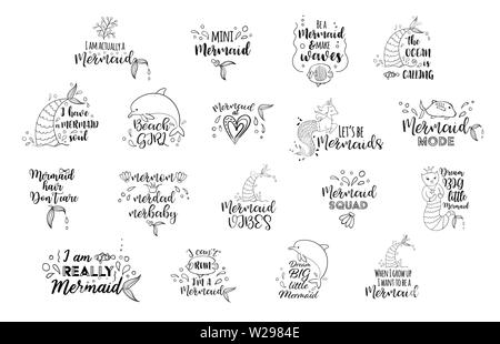 Große mermaid Karten. Handschriftliche inspirierende Zitate über Sommer. Typographie Beschriftung Design mit Hand gezeichnet Schwanz, Seesterne, Shell, Delphin. V Stock Vektor