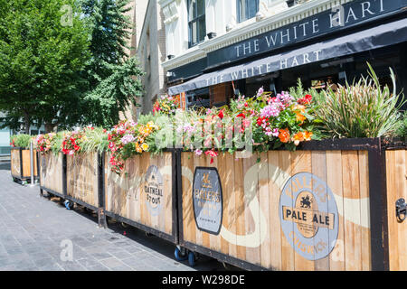 Florale Tröge außerhalb der White Hart Pub und Restaurant auf große Suffolk Street, Southwark, London, SE1 Stockfoto