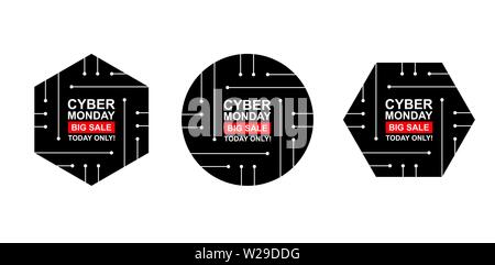 Cyber Monday verkauf Etiketten eingestellt. Sammlung von drei Aufkleber von geometrischen Formen für Ihr Design. Vector lieferbar Abbildung: Stock Vektor