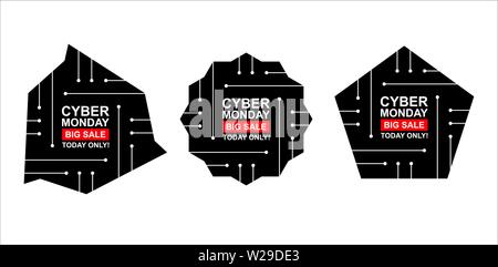 Cyber Monday verkauf Etiketten eingestellt. Sammlung von drei Aufkleber von geometrischen Formen für Ihr Design. Vector lieferbar Abbildung: Stock Vektor