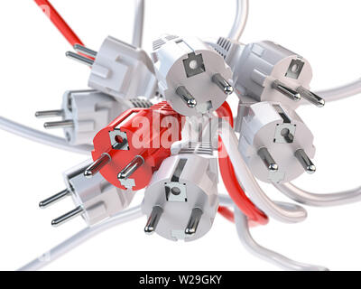 Einzigartigen roten Stecker in den Haufen von einem weißen Stecker. Führung, Wettbewerb, einzigartige und Unicity Konzept. 3D-Darstellung Stockfoto