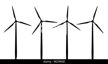 Silhouetten von Windenergieanlagen. Abbildung mit vier Windkraftanlagen auf weißem Hintergrund. Vektor Windmühle. Stock Vektor