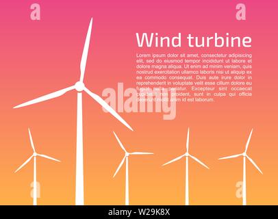 Windenergieanlagen Farm bei Sonnenuntergang. Vektor flachbild Windmühle. Stock Vektor