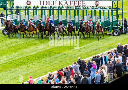 Hamburg, Deutschland. 07 Juli, 2019. Pferderennen: Galopp, Derby Woche Hamburg. Das Feld der Teilnehmer der Hapag-Lloyd-Rennen startet aus den Boxen. Quelle: Axel Heimken/dpa/Alamy leben Nachrichten Stockfoto