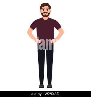 Selbstbewusst bärtigen Kerl, ein Mann steht in heroischer Pose, Cartoon Character Vector Illustration Stock Vektor