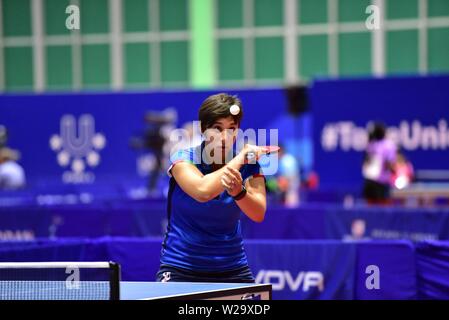 Pozzuoli, Italien. 07 Juli, 2019. Die italienischen Spieler Veronica Mosconi während der Partie Tischtennis der Sommer-universiade Übereinstimmung zwischen Italien und Polen an der PalaTrincone in Pozzuoli (Neapel). Credit: Paola Visone/Pacific Press/Alamy leben Nachrichten Stockfoto