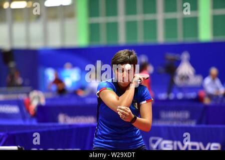 Pozzuoli, Italien. 07 Juli, 2019. Die italienischen Spieler Veronica Mosconi während der Partie Tischtennis der Sommer-universiade Übereinstimmung zwischen Italien und Polen an der PalaTrincone in Pozzuoli (Neapel). Credit: Paola Visone/Pacific Press/Alamy leben Nachrichten Stockfoto