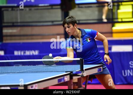 Pozzuoli, Italien. 07 Juli, 2019. Die italienischen Spieler Veronica Mosconi während der Partie Tischtennis der Sommer-universiade Übereinstimmung zwischen Italien und Polen an der PalaTrincone in Pozzuoli (Neapel). Credit: Paola Visone/Pacific Press/Alamy leben Nachrichten Stockfoto