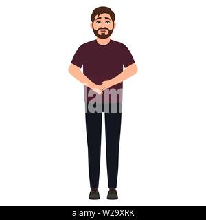 Der bärtige Mann hält die Hände auf Bauch, Bauchschmerzen, Cartoon Character Vector Illustration Stock Vektor