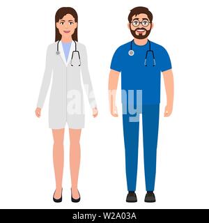Männlicher Arzt mit einem Stethoskop um den Hals, Ärztin oder Krankenschwester, Cartoon Character Vector Illustration Stock Vektor