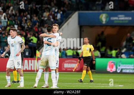 Sao Paulo, Brasilien. 07 Juli, 2019. 6. Juli 2019, Arena Korinther Stadion, Sao Paulo, Brasilien; Copa America international Fußball, 3.-4. Endspiel Finale, Argentinien gegen Chile; Spieler aus Argentinien ihren dritten Platz feiern nach dem Spiel Quelle: Aktion Plus Sport Bilder/Alamy leben Nachrichten Stockfoto