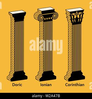 Eingestellt von isometrischen Ikonen der antiken griechischen Säulen im Retro-Stil. Arten von Dorischen, ionischen und korinthischen Vector Illustration Stock Vektor