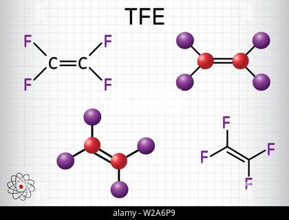 Tetrafluorethylen- oder TFE-Molekül, ist ein Monomer aus Polytetrafluorethylen oder PTFE. Es gehört zur Familie der Fluorkohlenwasserstoffe. Blatt Papier in einem Stock Vektor