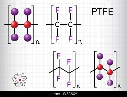 Polytetrafluorethylen, PTFE oder Teflon Polymermolekül. Ist ein synthetisches Fluorpolymer aus Tetrafluorethylen. Strukturelle chemische Formel und Stock Vektor