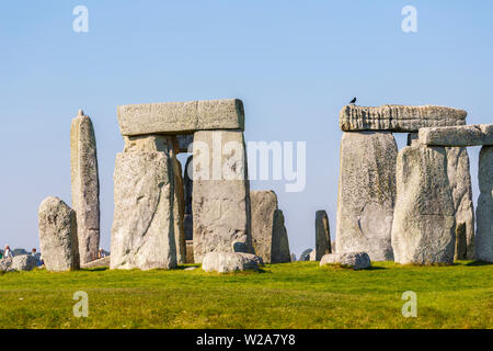 Anzeigen von ikonischen Stonehenge mit riesigen so stehende Steine, der bronzezeit Stone Temple touristische Attraktion, Salisbury, Wiltshire, England SW Stockfoto
