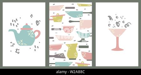 Satz von Hand Karten mit Küchengeräten gezeichnet. Kochen Vektorgrafiken Stock Vektor