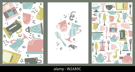 Satz von Hand Karten mit Küchengeräten gezeichnet. Kochen Vektorgrafiken Stock Vektor