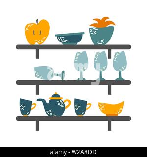 Küche Regale mit Glas Gläser, Teller, Apple, Kaffee. Vector Illustration mit doodles. Stock Vektor
