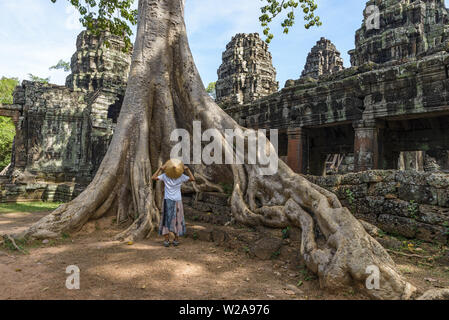 Eine touristische besuchen Angkor Ruinen inmitten Dschungel, Tempelanlage Angkor Wat, Reiseziel Kambodscha. Frau mit traditionellen Hut, Ansicht von hinten. Stockfoto