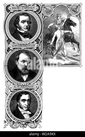 Allegorische frontispiz Kapitel über Handel, Handwerk und Mikroökonomie mit Persönlichkeiten des 19. Jahrhunderts: Richard Cobden liberale Hersteller, Franz Hermann Schulze-Delitzsch Ökonom und Ernst-Wilhelm Arnoldi deutscher Handelsschiffe und Versicherer Stockfoto