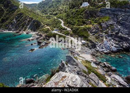 Blick von der Kapelle Agios Ioannis, Skopelos, Nördliche Sporaden Griechenland. Stockfoto