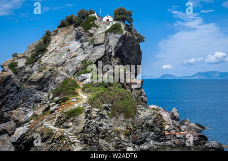 Agios Ioannis Kastri Kapelle, Skopelos, Nördliche Sporaden Griechenland. Stockfoto