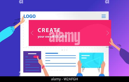 Ihre eigene Website flachbild Vektor neon Design für Web Banner erstellen. Farbverlauf Abbildung der menschlichen Hände Banner und Tasten und die Entwicklung corpor Stock Vektor