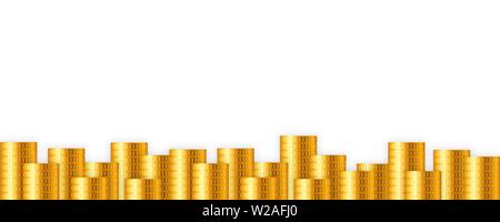 Menge Gold Münzen auf weißem Hintergrund. Vector Illustration Stock Vektor
