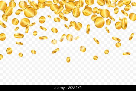 Fallen von oben eine Menge Euro Goldmünzen auf transparentem Hintergrund. Vector Illustration Stock Vektor