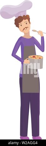 Küchenchef hält einen Topf Suppe und schmeckt es. Vector Illustration. Stock Vektor