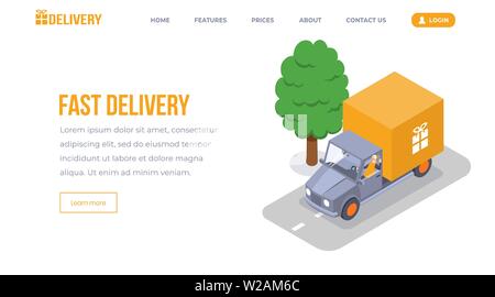 Schnelle Lieferung isometrische landing page Vektor Vorlage. Versandkosten van mit Geschenkbox emblem Website Layout. Service Arbeiter, Angestellter Kurier in Lkw, Lieferung Fahrzeug 3d-Konzept Stock Vektor