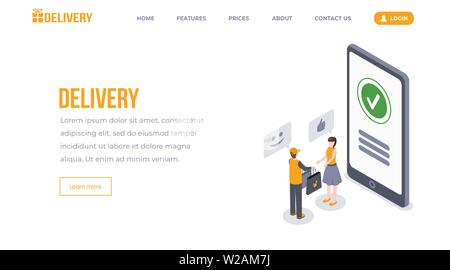 Lieferung isometrische landing page Vektor Vorlage. Express Delivery Service, Ware versand, online bestellen Website, Webseite. Junge Frau, Kurier liefern, um am Ziel Nummer 3 d-Konzept Stock Vektor