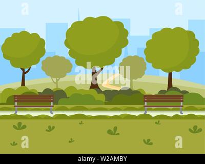 Stadt park flat Vector Illustration. Outdoor Freizeitaktivitäten auf Natur öffentlichen Ort, grünen Bäumen, Holzbänken und modernen Gebäuden Silhouetten Landschaft. Freizeit städtischen Park Cartoon in der Farbe der Zeichnung Stock Vektor