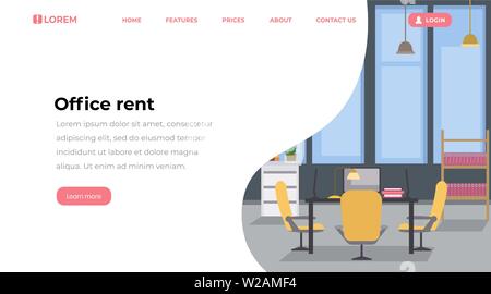 Büro mieten Startseite flache Vorlage. Leeren workspace Innenraum, Arbeitsplatz mit modernen Möbeln Web Banner Design. CEO, einem privaten Büro, Konferenzraum Farbe homepage Layout Stock Vektor