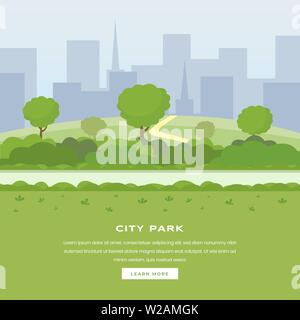 Moderne Stadt park Vektor landing page. Grüne Bäume und Büsche, Gehweg, Wolkenkratzer cityspace, Outdoor Freizeitaktivitäten auf Natur öffentlichen Bereich. Freizeit städtischen Park, Botanischer Garten Homepage Stock Vektor