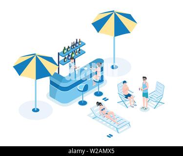 Menschen in Pool Bar isometrische Vector Illustration. Barkeeper, Damen im Bikini und Männer im Sommer Kleidung 3D-Zeichentrickfiguren. Barkeeper, Cocktails, junge Touristen trinken Erfrischungen Stock Vektor