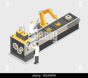 Pc-Montage, Fertigung. Ingenieure arbeiten an industriellen Fabrik, Research Center 3d Vektor Illustration. Ferngesteuerte, automatisierte Roboterarm isometrische Konzept Stock Vektor